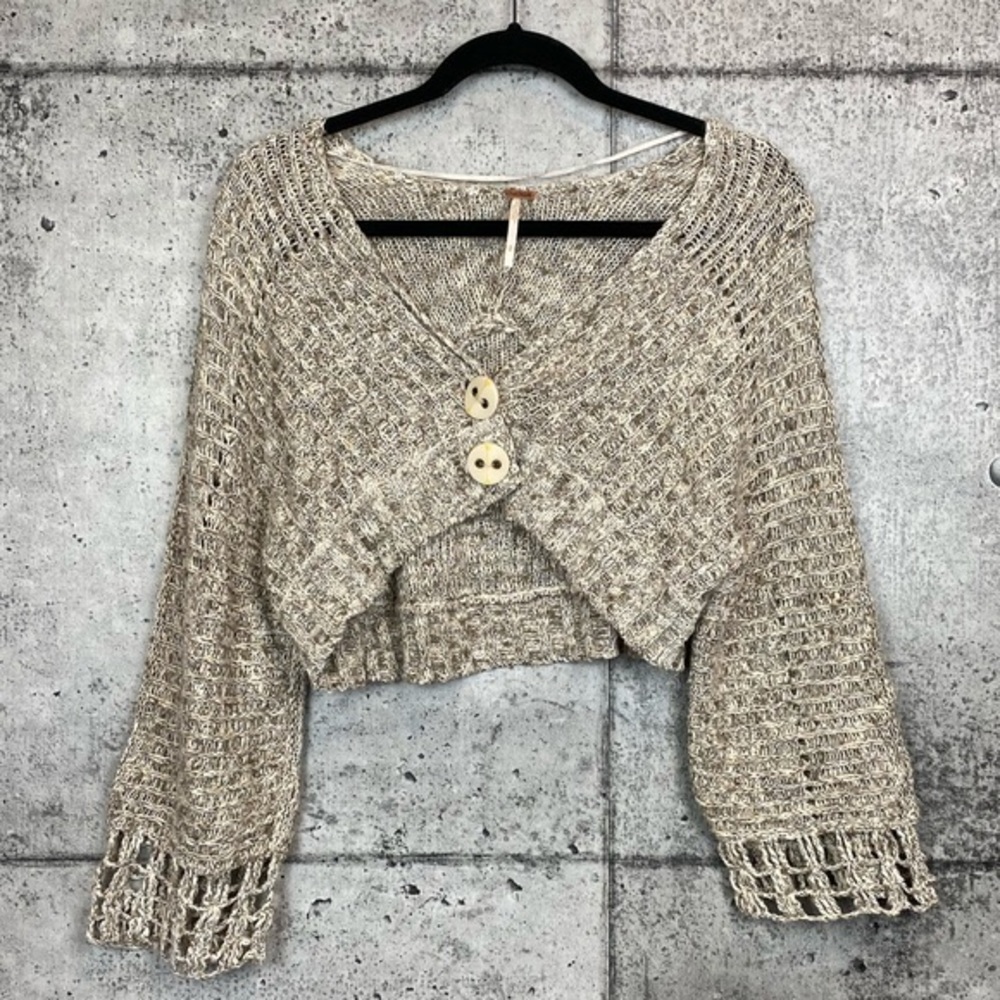 Free People Cropped Open-Knit Cardigan in Beige Mix